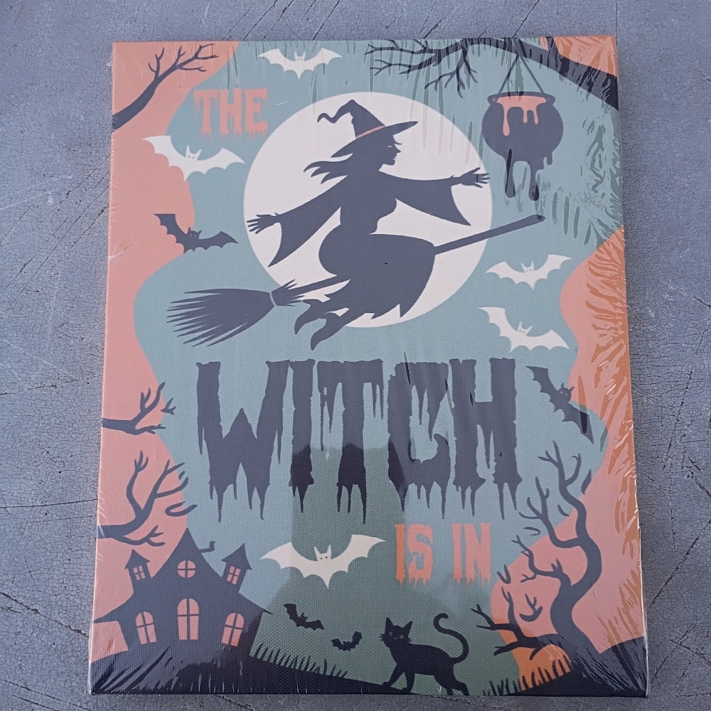 2/$20 The Witch Is In Teal Orange Halloween Gothic Wooden Canvas Art Frame